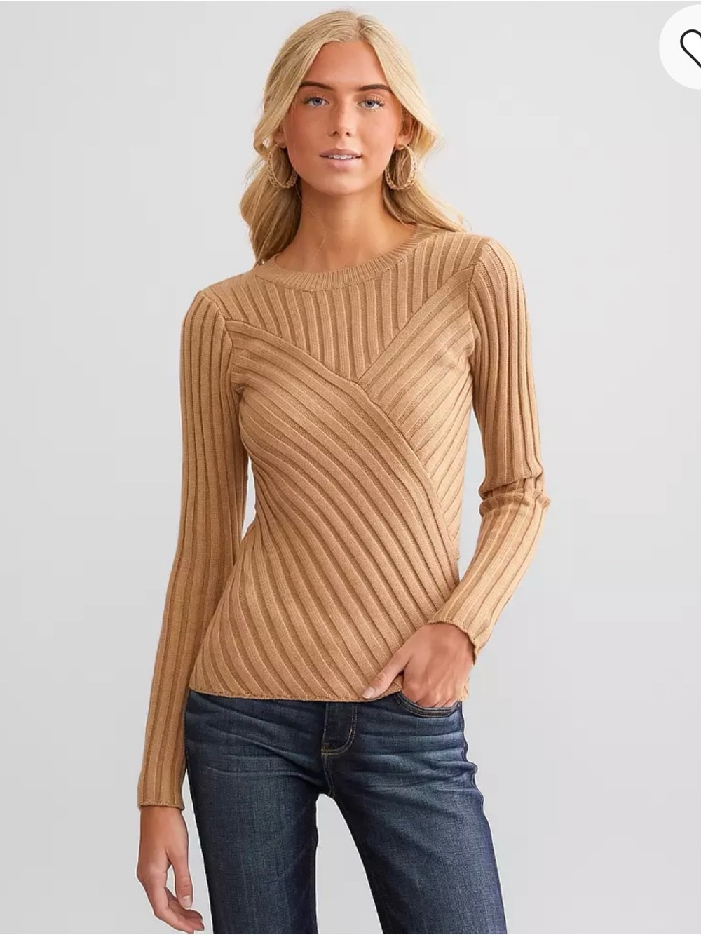 BKE Camel Asymmetrical Ribbed Crewneck Sweater